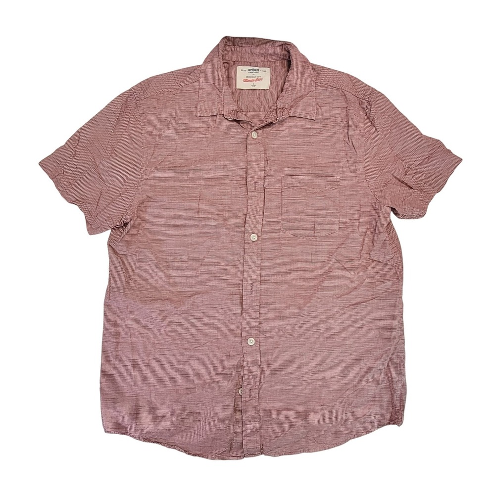 Urban Pipeline Mens Short Sleeve Button Up Shirt Red Stripe Cotton Size L